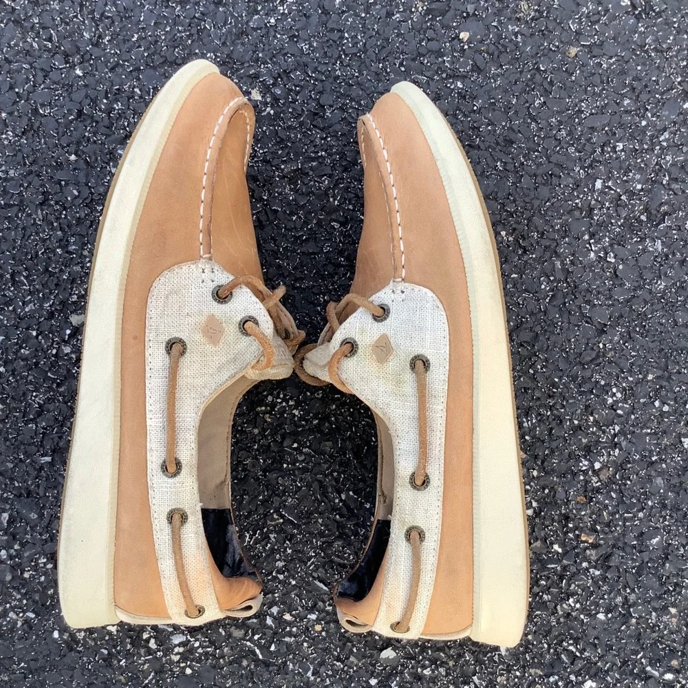 Sperry Top-Sider Womens Boat Shoes Tan Leather Canvas STS81857 Size 8.5